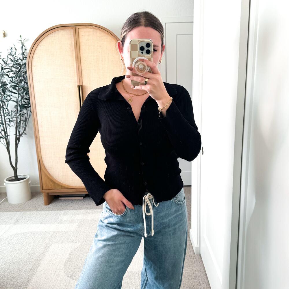 Topshop Black Ribbed Button Front Top - Picture 8 of 9